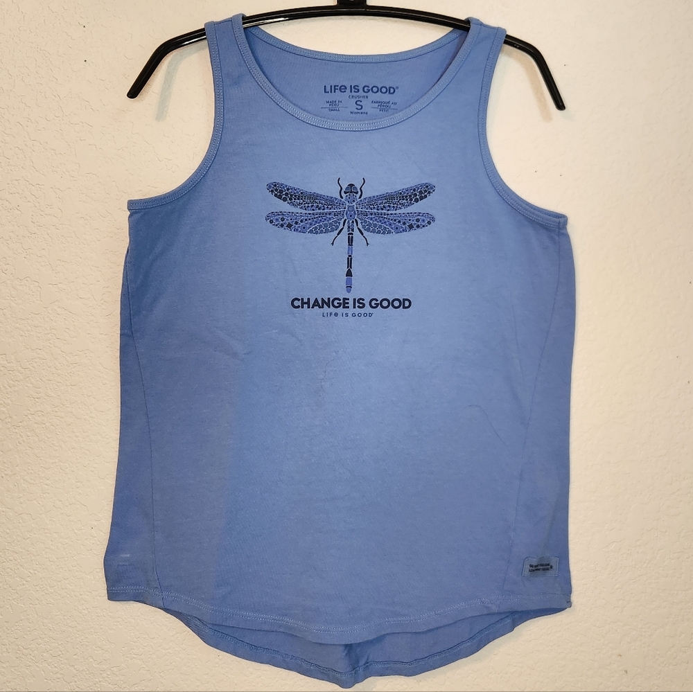 Life is Good Blue Tank Top with Dragonfly Change is Good, Size S